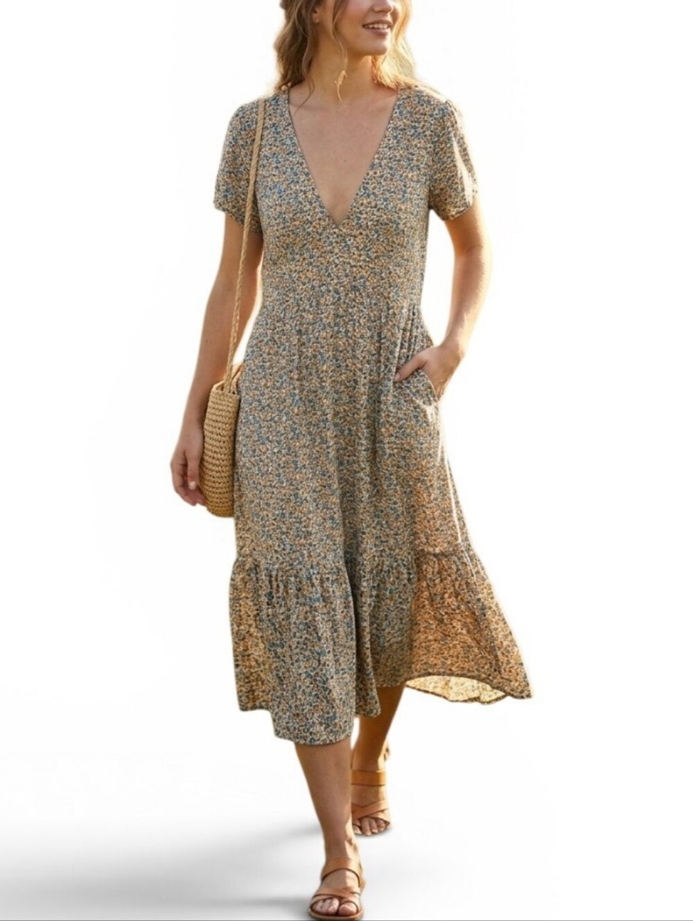 NATURAL LIFE Floral Midi Dress in Cream and Blue